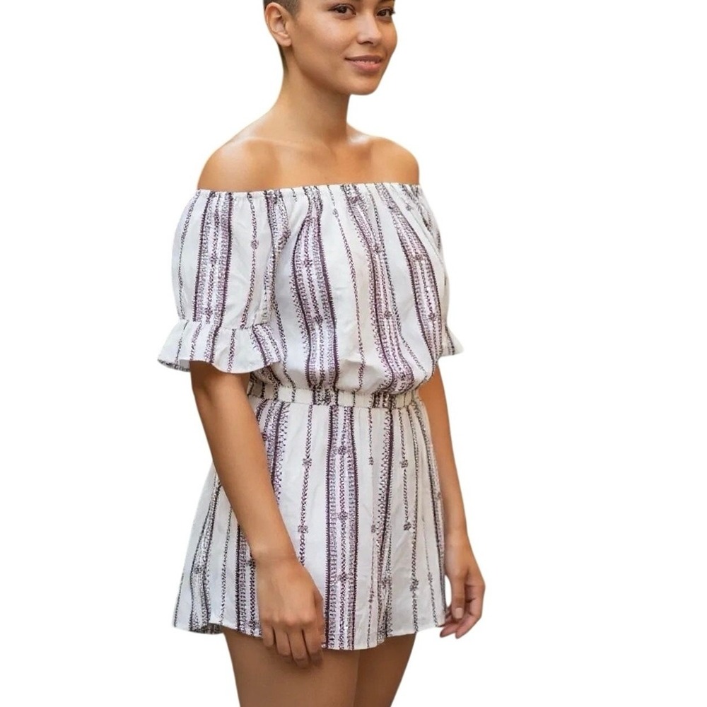 Yoins White Bohemian Off-the-Shoulder Pockets Romper XL Cottage Embroidered NWT - Picture 2 of 10